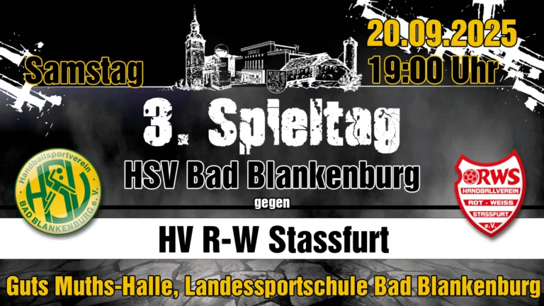 Mehr über den Artikel erfahren Heimspielauftakt in der Guts Muths‑Halle – HSV Bad Blankenburg empfängt HV Rot‑Weiss Staßfurt